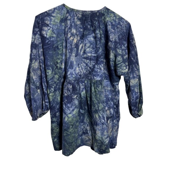 CAbi Woodstock Top XS #5714 Blue Green Linen Tie Dye Boho 3/4 Sleeve Blouse - Picture 2 of 5